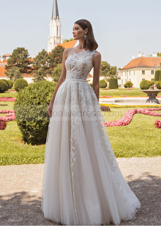 One Shoulder Ivory Leaf Lace Tulle Wedding Dress
